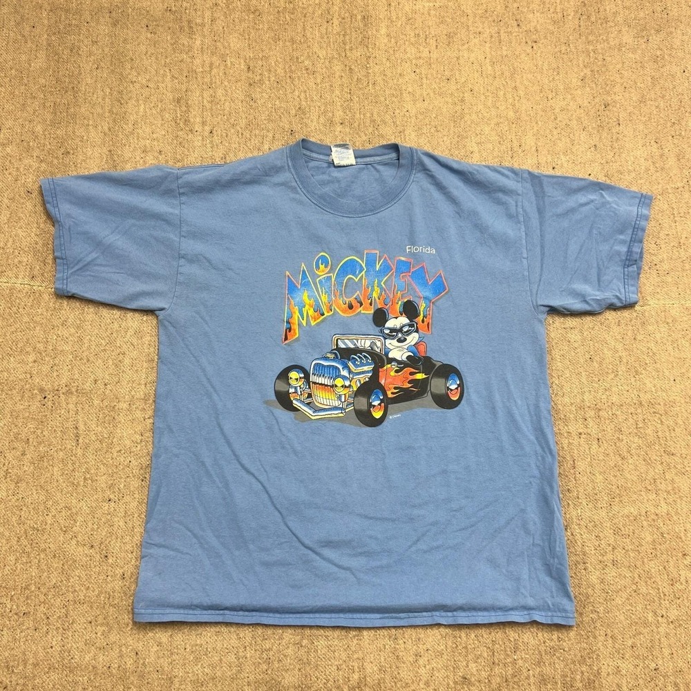Vintage Mickey Mouse Shirt Mens XL Blue 1990s Flordia Hot Rod Cars